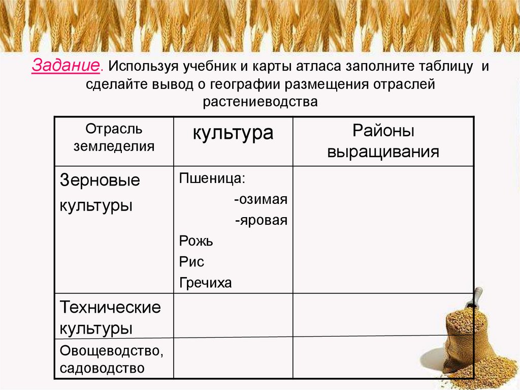 Факторы размещения растениеводства. Отрасль зерновые земледелия культура район выращивания таблица. Растениеводство в России таблица география 9 зерновое хозяйство. Сельское хозяйство России таблица география 9 класс. Растениеводство России таблица 9 класс география.