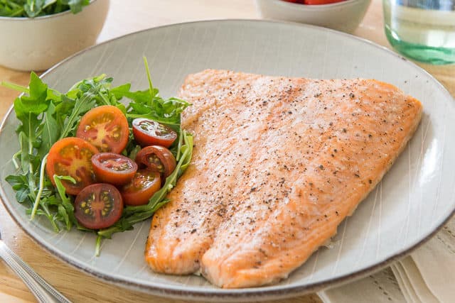 Baked Salmon Fillet - On Plate with Salt and Pepper