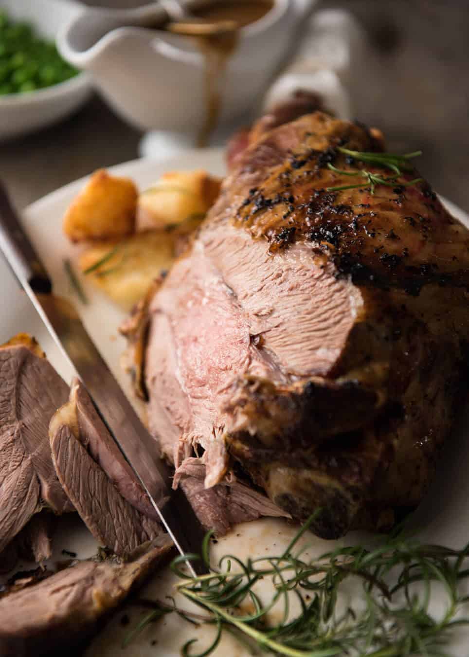 A classic, perfectly cooked Roast Lamb Leg with a classic smooth, rich gravy. It