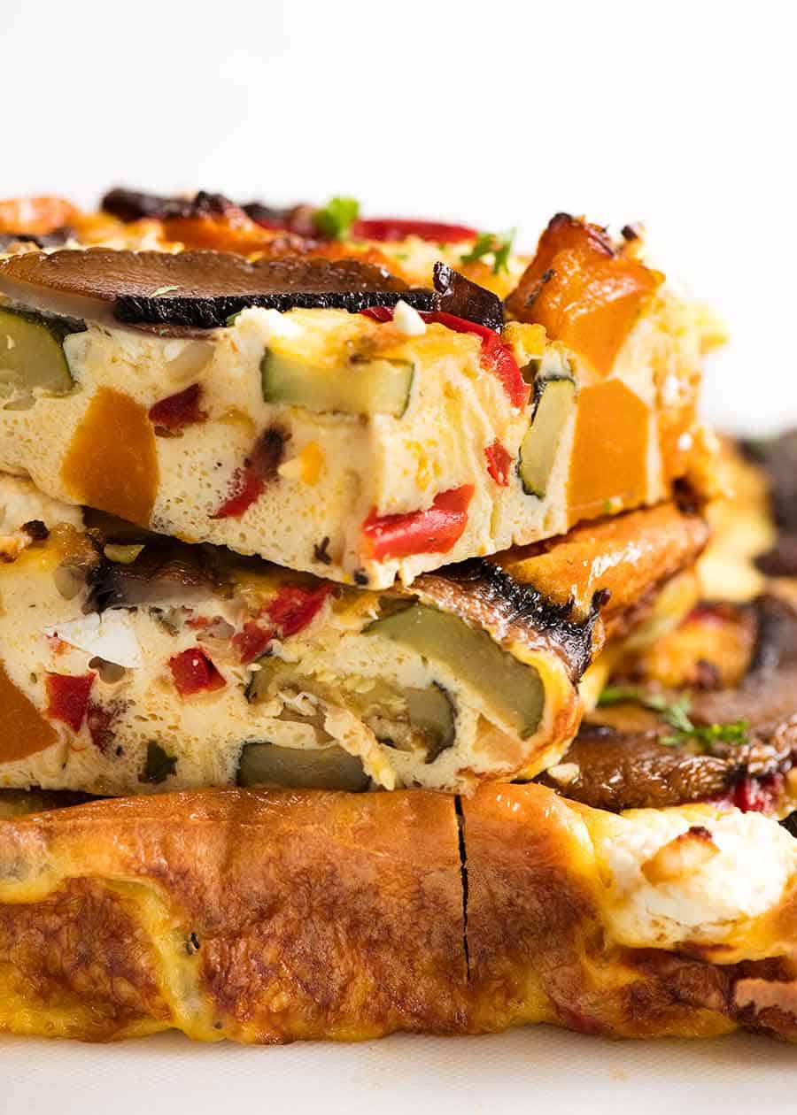 Close up slice of Baked Frittata with Roasted Vegetables