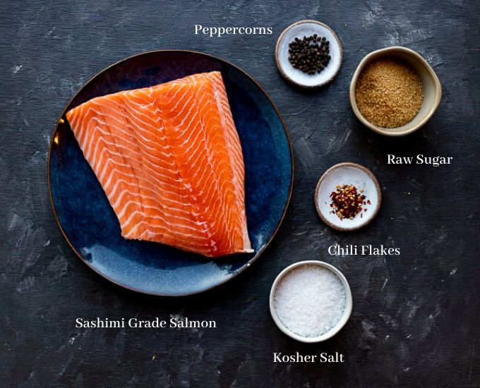 ingredients for cured salmon on a board with titles